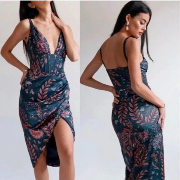 REVOLVE Dresses & Skirts - NEW averie Halley Paisley floral cobalt blue draped corset midi women dress XXL